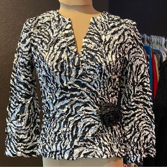 JACKIE Jon New York black and white satin scrunched zebra striped sequin jacket - Picture 1 of 6